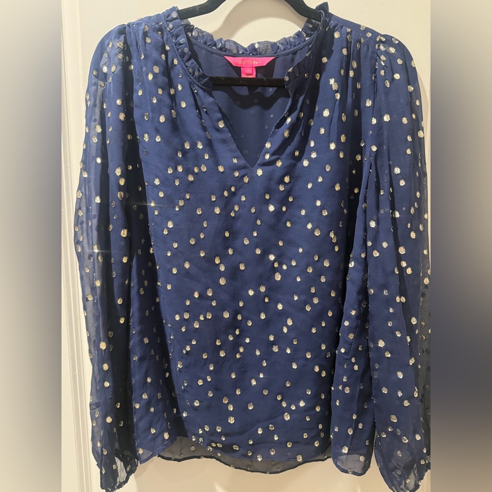 Lilly Pulitzer Navy Blouse with Gold Dots